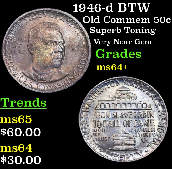 1946-d BTW Old Commem Half Dollar 50c Grades Choice+ Unc