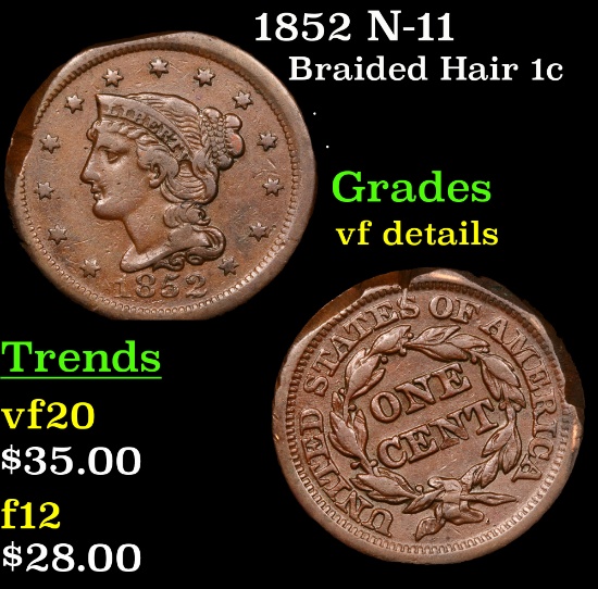 1852 N-11 Braided Hair Large Cent 1c Grades vf details