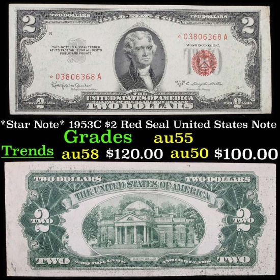 *Star Note* 1953C $2 Red Seal United States Note Grades Choice AU