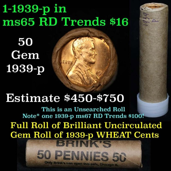 ***Auction Highlight*** Uncirculated 1c orig shotgun roll, 1939-p  In Old Brinks wrapper  (fc)