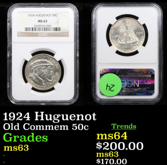 NGC 1924 Huguenot Old Commem Half Dollar 50c Graded ms63 By NGC