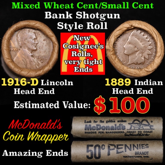 Mixed small cents 1c orig shotgun roll, 1916-d Wheat Cent, 1889 Indian Cent other end, McDonalds Wra