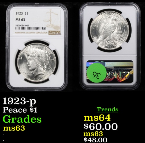 NGC 1923-p Peace Dollar $1 Graded ms63 By NGC