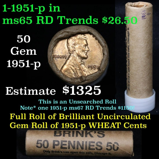 ***Auction Highlight*** Uncirculated 1c orig shotgun roll, 1951-p  In Old Brinks wrapper  (fc)