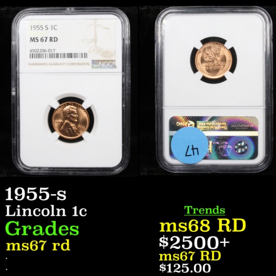 NGC 1955-s Lincoln Cent 1c Graded ms67 rd By NGC