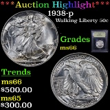 ***Auction Highlight*** 1938-p Walking Liberty Half Dollar 50c Graded GEM+ Unc By USCG (fc)