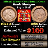 Mixed small cents 1c orig shotgun roll, 1921-s Wheat Cent, 1899 Indian Cent other end, McDonalds Wra