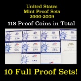 Group of 10 United States Mint Proof Sets 2000-2009, 118 coins