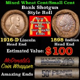 Mixed small cents 1c orig shotgun roll, 1916-d Wheat Cent, 1898 Indian Cent other end, McDonalds Wra
