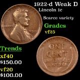 1922-d Weak D Lincoln Cent 1c Grades vf+