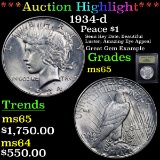 ***Auction Highlight*** 1934-d Peace Dollar $1 Graded GEM Unc By USCG (fc)