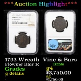 ***Auction Highlight*** NGC 1793 Wreath  Vine & Bars Flowing Hair large cent 1c Graded g details By