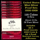 Group of 10 United States Mint Silver Proof Sets 2000-2009 118 Coins