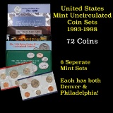 Group of 6 United States Mint Sets 1993-1998, in original government packaging 61 Coins