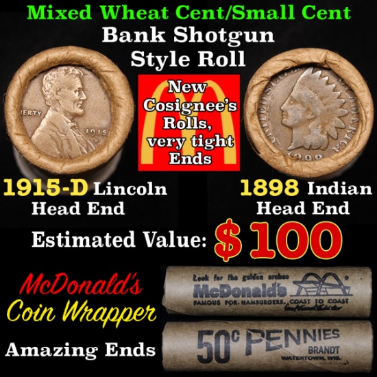 Mixed small cents 1c orig shotgun roll, 1915-d Wheat Cent, 1898 Indian Cent other end,McDnalds Wrapp