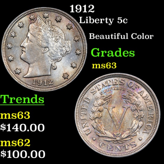 1912 Liberty Nickel 5c Grades Select Unc