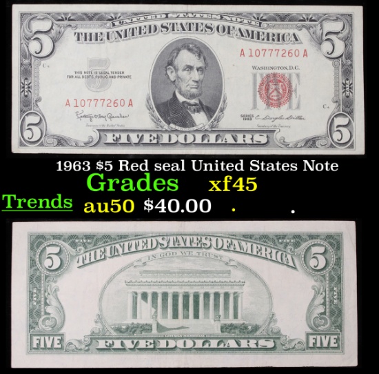 1963 $5 Red seal United States Note Grades xf+