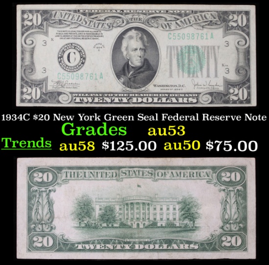 1934C $20 New York Green Seal Federal Reserve Note Grades Select AU