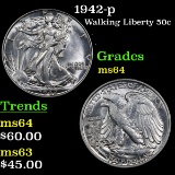 1942-p Walking Liberty Half Dollar 50c Grades Choice Unc