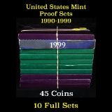 Group of 10 United States Mint Proof Sets 1990-1999 54 coins