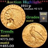 ***Auction Highlight*** 1911-p Gold Indian Quarter Eagle $2 1/2 Graded Select Unc By USCG (fc)