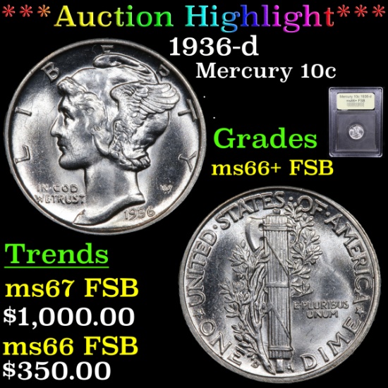 ***Auction Highlight*** 1936-d Mercury Dime 10c Graded GEM++ FSB BY USCG (fc)
