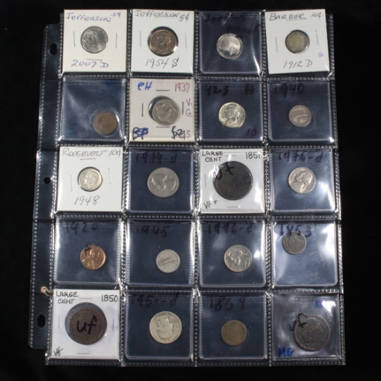Page of 20 Mixed coins Mercury 10c, Braided Hair 1c, Washington 25c, Barber 10c, Indian 1c, Jefferso