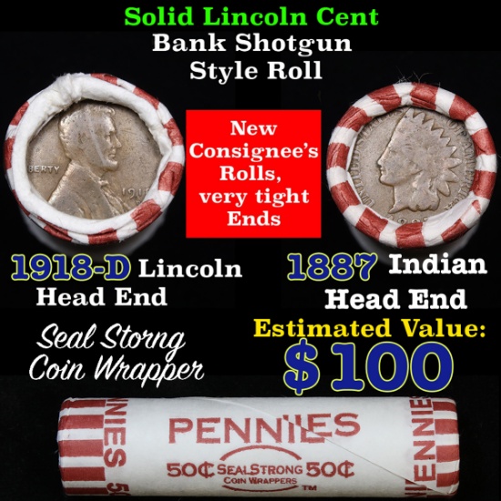 Mixed small cents 1c orig shotgun roll, 1918-d Wheat Cent, 1887 Indian Cent other end, N.F. String &