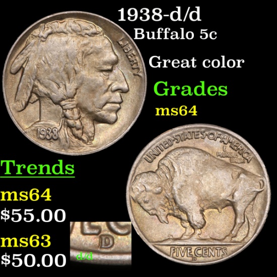1938-d/d Buffalo Nickel 5c Grades Choice Unc