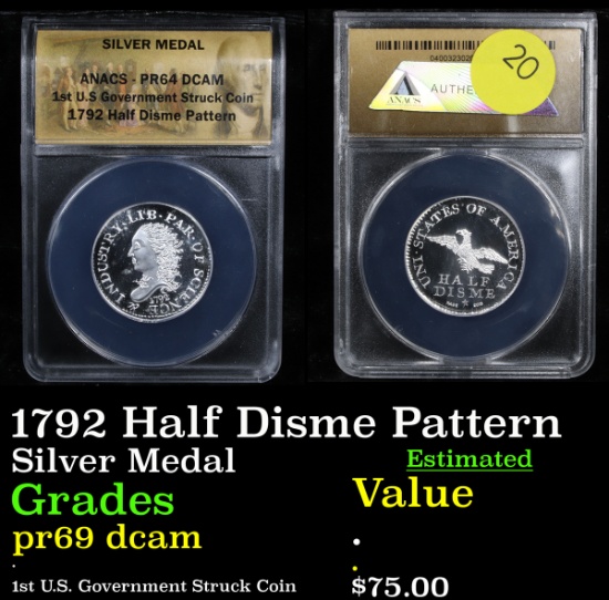 Proof ANACS 1792 Half Disme Pattern Silver Metal Graded pr69 dcam By ANACS
