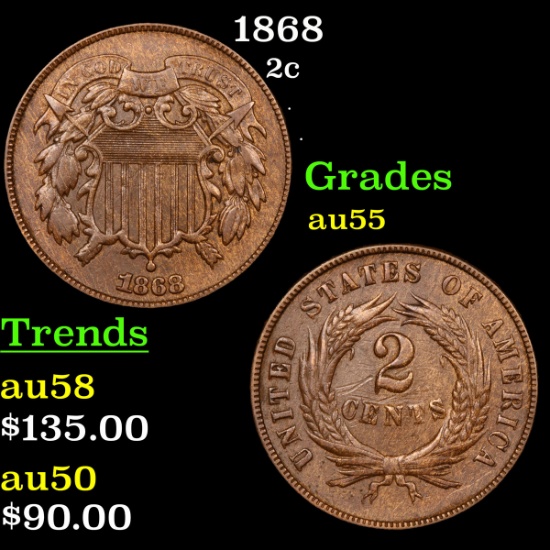 1868 Two Cent Piece 2c Grades Choice AU