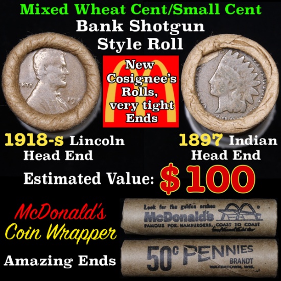 Mixed small cents 1c orig shotgun roll, 1918-s Wheat Cent, 1897 Indian Cent other end,McDnalds Wrapp