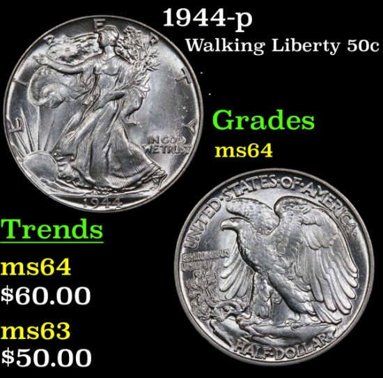 1944-p Walking Liberty Half Dollar 50c Grades Choice Unc