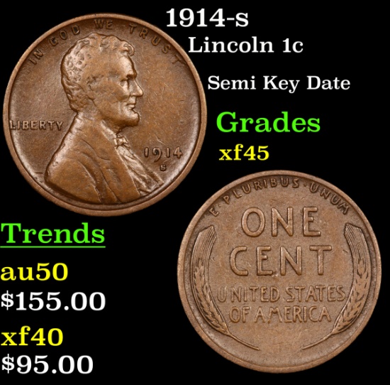 1914-s Lincoln Cent 1c Grades xf+