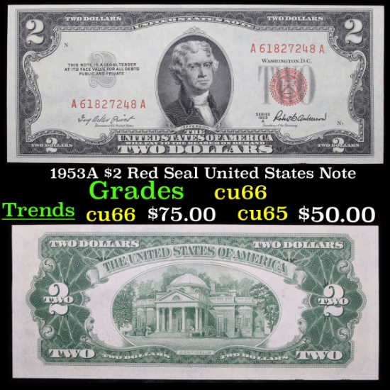 1953A $2 Red Seal United States Note Grades Gem+ CU