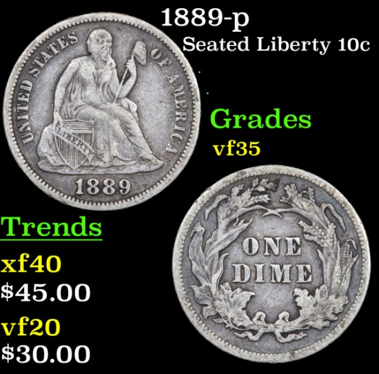 1889-p Seated Liberty Dime 10c Grades vf++