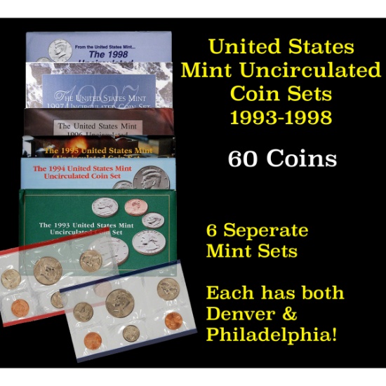 Group of 6 United States Mint Sets in Original Government Packaging 1993-1998 60 coins Grades