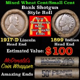 Mixed small cents 1c orig shotgun roll, 1917-d Wheat Cent, 1899 Indian Cent other end, McDonalds Wra
