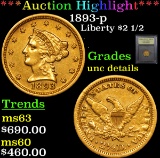 ***Auction Highlight*** 1893-p Gold Liberty Quarter Eagle $2 1/2 Graded Unc Details By USCG (fc)