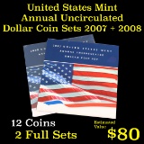 Group of 2 United States Mint Uncirculated Dollar Coin Sets 2007-2008 12 coins Grades