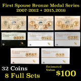 8 First Spouse Bronze Medal Series sets 2007-2012 + 2015 & 2016 32 coins