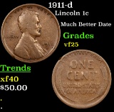 1911-d Lincoln Cent 1c Grades vf+