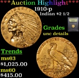 ***Auction Highlight*** 1910-p Gold Indian Quarter Eagle $2 1/2 Graded Unc Details By USCG (fc)