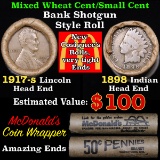 Mixed small cents 1c orig shotgun roll, 1917-s Wheat Cent, 1898 Indian Cent other end, McDonalds Wra