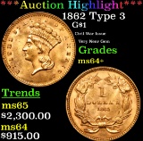 ***Auction Highlight*** 1862 Type 3 Gold Dollar $1 Grades Choice+ Unc (fc)