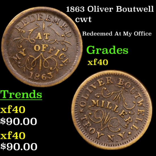 1863 Oliver Boutwell Civil War Token 1c Grades xf