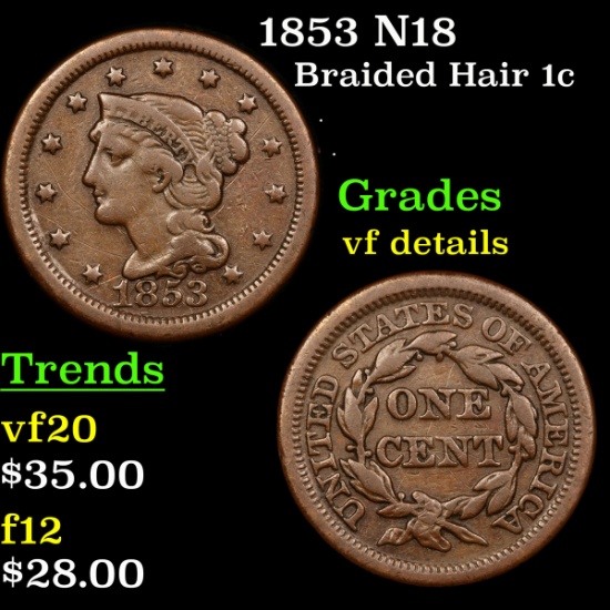 1853 N18 Braided Hair Large Cent 1c Grades vf details