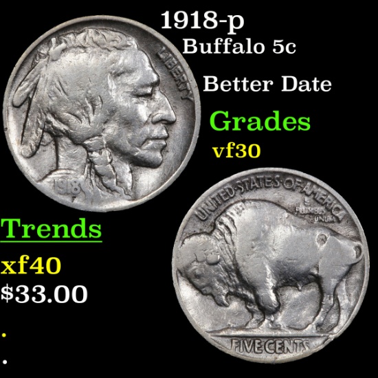 1918-p Buffalo Nickel 5c Grades vf++