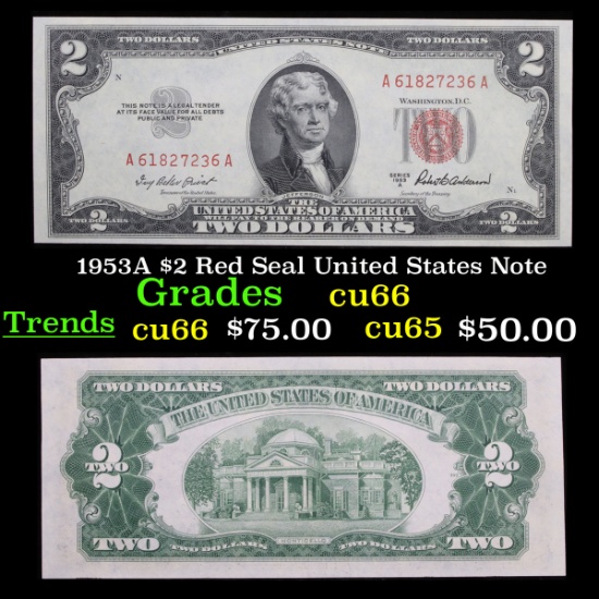 1953A $2 Red Seal United States Note Grades Gem+ CU