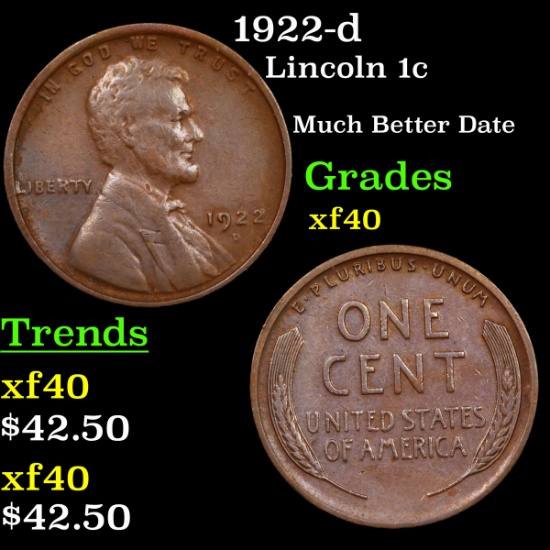 1922-d Lincoln Cent 1c Grades xf